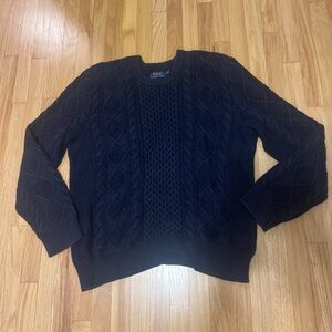 Polo Ralph Lauren Fisherman Sweater Medium Cable Knit Cotton Navy Blue